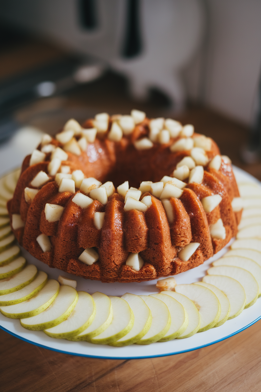 Indoor photo of a glazed Bundt cake studded with diced pear, slices arranged around the platter. No text or logos.