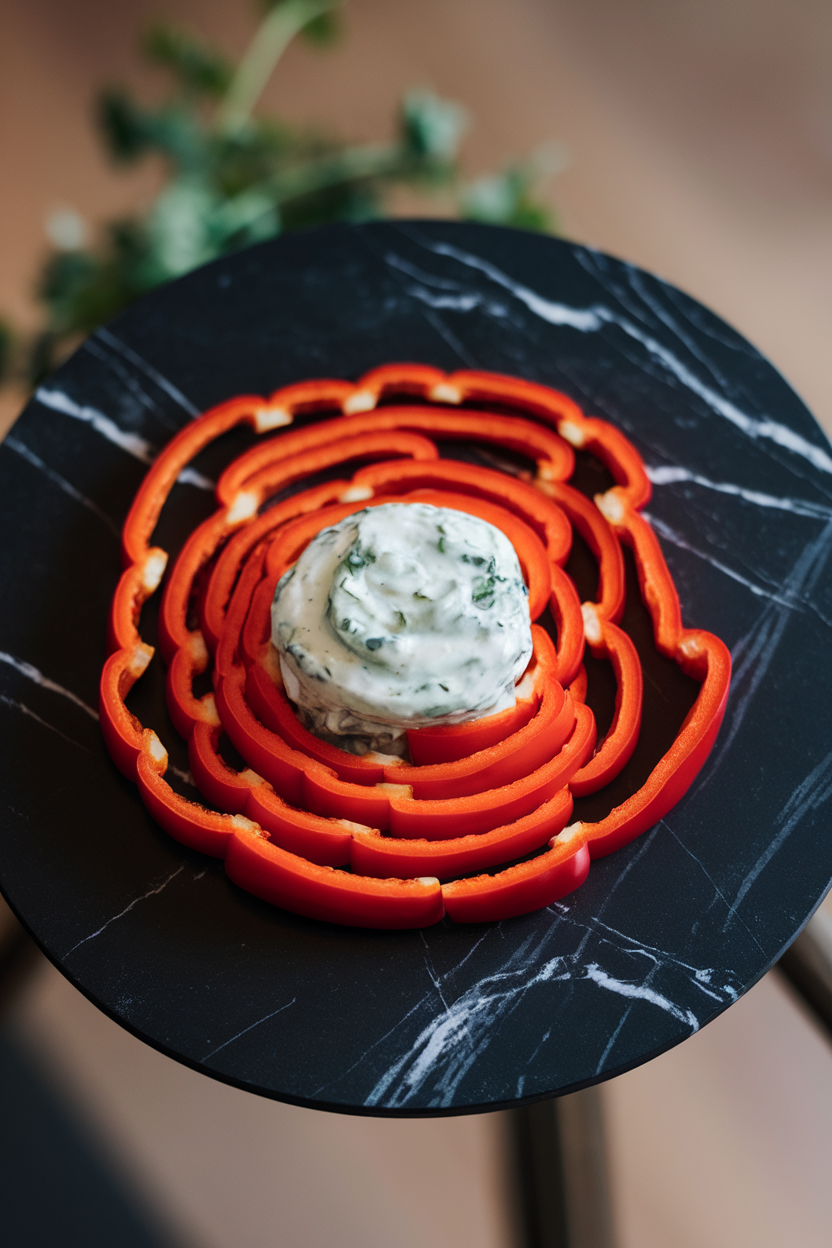 Indoor photo of concentric red bell pepper rings arranged from small to large, forming a fiery bullseye on a black marble platter, with a scoop of tzatziki in the center. No text or logos.