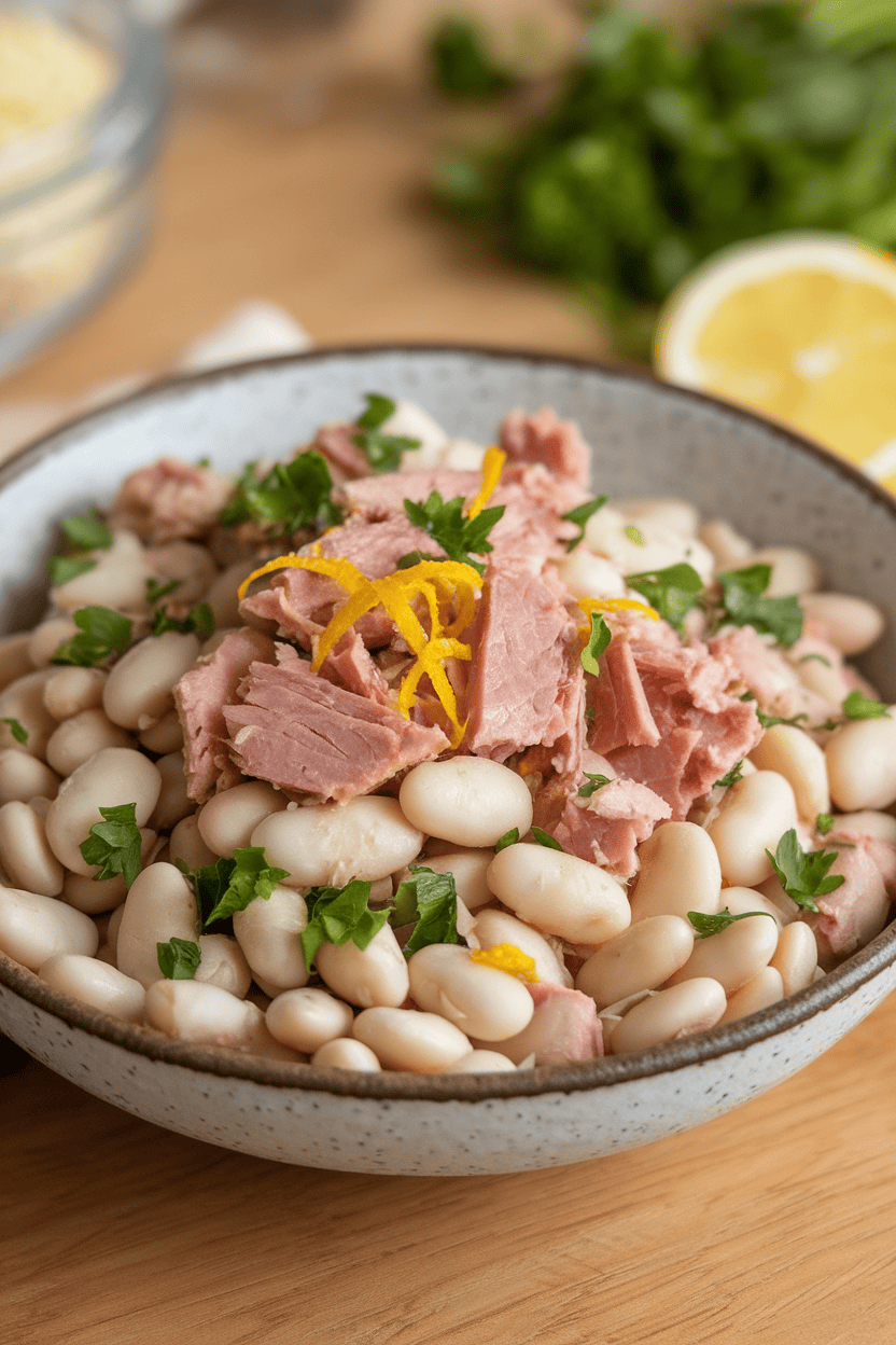 Indoor bowl of white beans mixed with flakes of olive oil–poached tuna, parsley, and lemon zest, no logos visible.