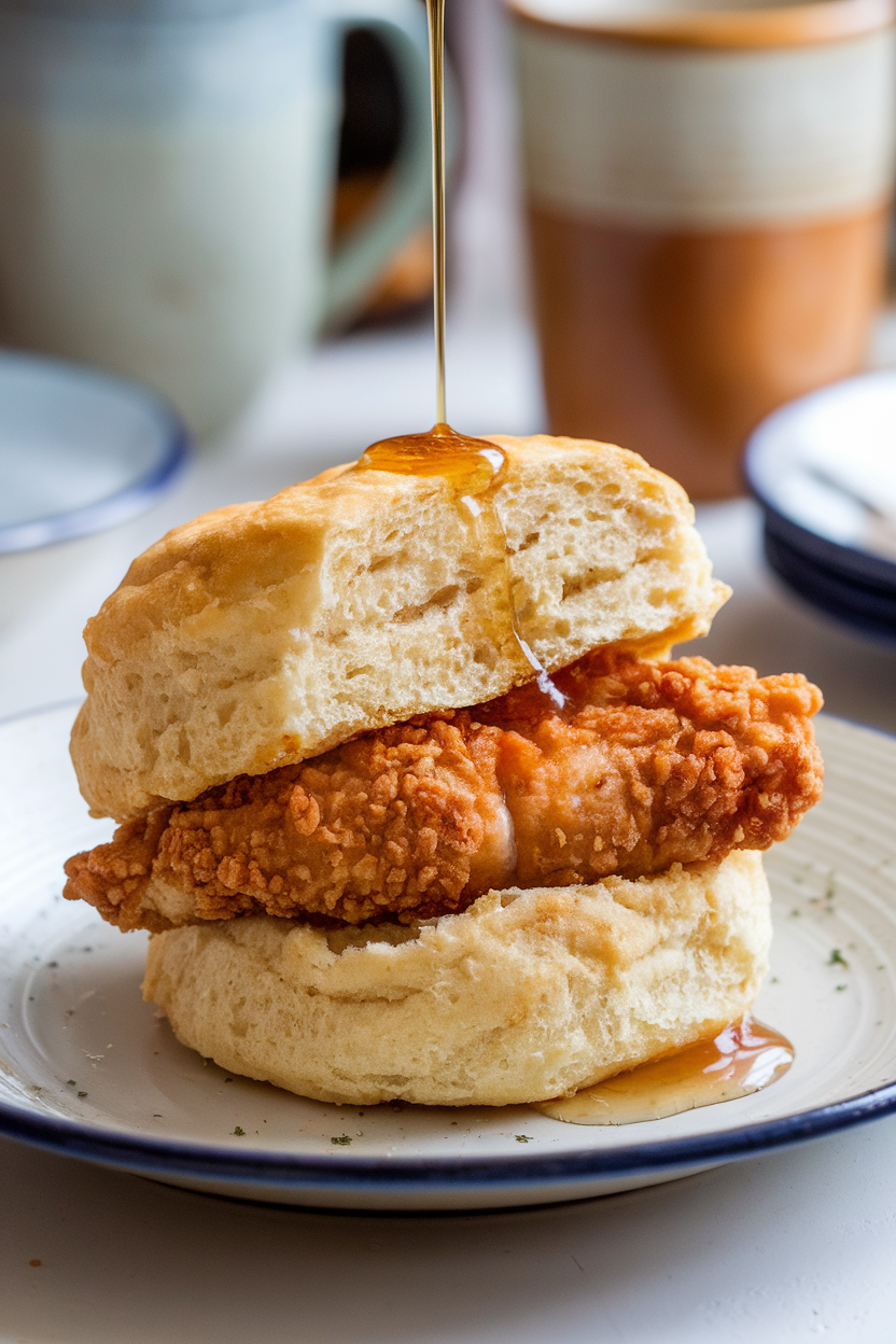 Indoor breakfast nook showing a split buttermilk biscuit filled with crispy fried chicken breast, drizzle of honey visible, photo only, no text or logos
