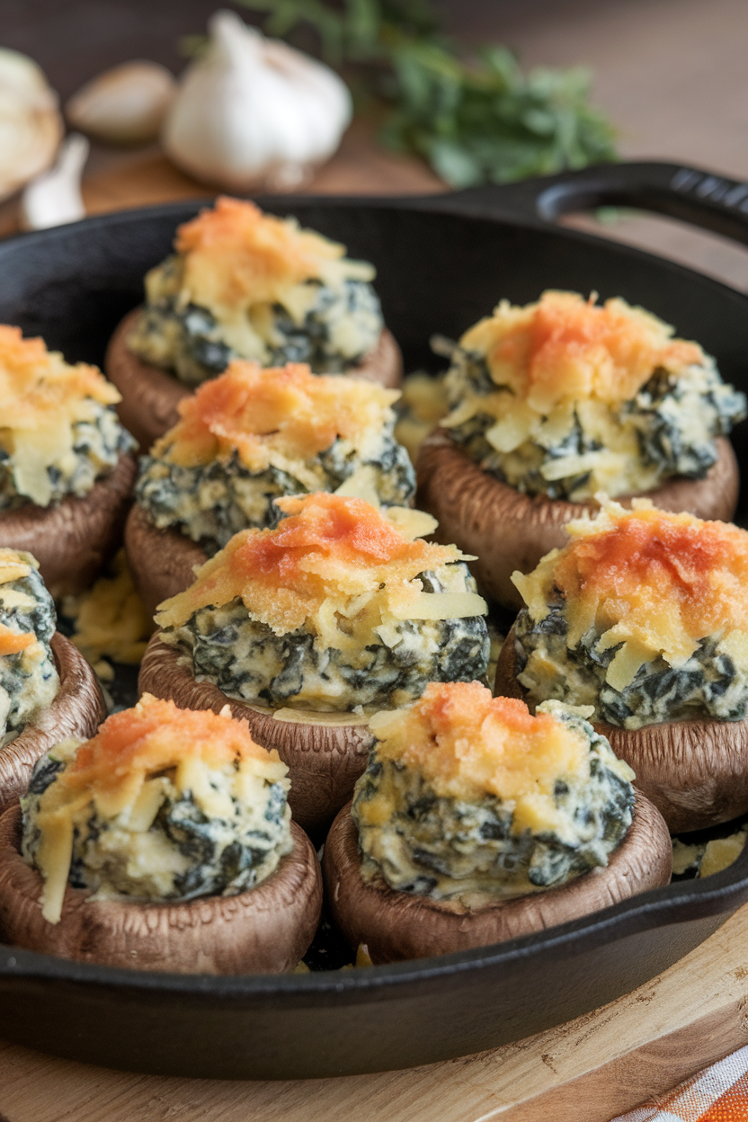 Indoor photo of mushroom caps overflowing with creamy spinach-artichoke filling on a cast-iron skillet; no text or logos.