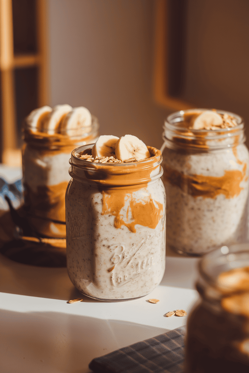 A photo of mason jars on an indoor breakfast nook table filled with overnight oats swirled with peanut butter and topped with banana slices and a few oats sprinkled on top. Warm morning light, no text or logos.