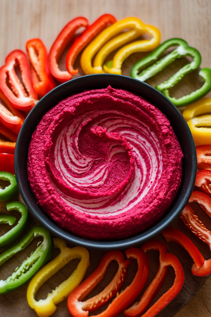 Indoor photo of a shallow black bowl filled with vivid beet hummus, streaked with a swirl of plain hummus for a marbled look, surrounded by sliced rainbow bell peppers. No text or logos.