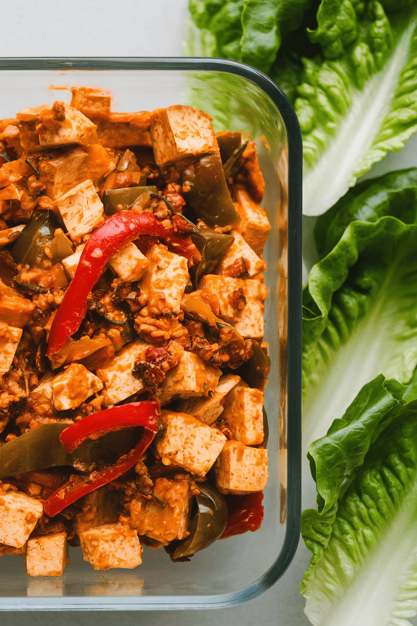 Indoor photo of crumbled tofu mixed with peppers and spicy sauce in a glass container, lettuce leaves cropped nearby. No text or logos.