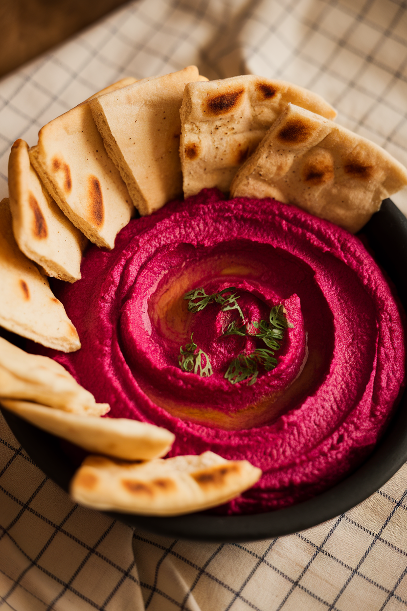 Photo of vivid magenta beet hummus in a black bowl, pita wedges fanned around, indoor lighting. No text or logos.