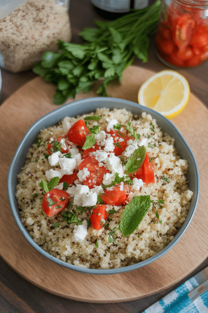 Indoor tabletop scene showing a shallow dish of fluffy quinoa speckled with parsley, mint, diced tomatoes, and crumbled feta, lemon wedges on the side; no text or logos. Photo only.
