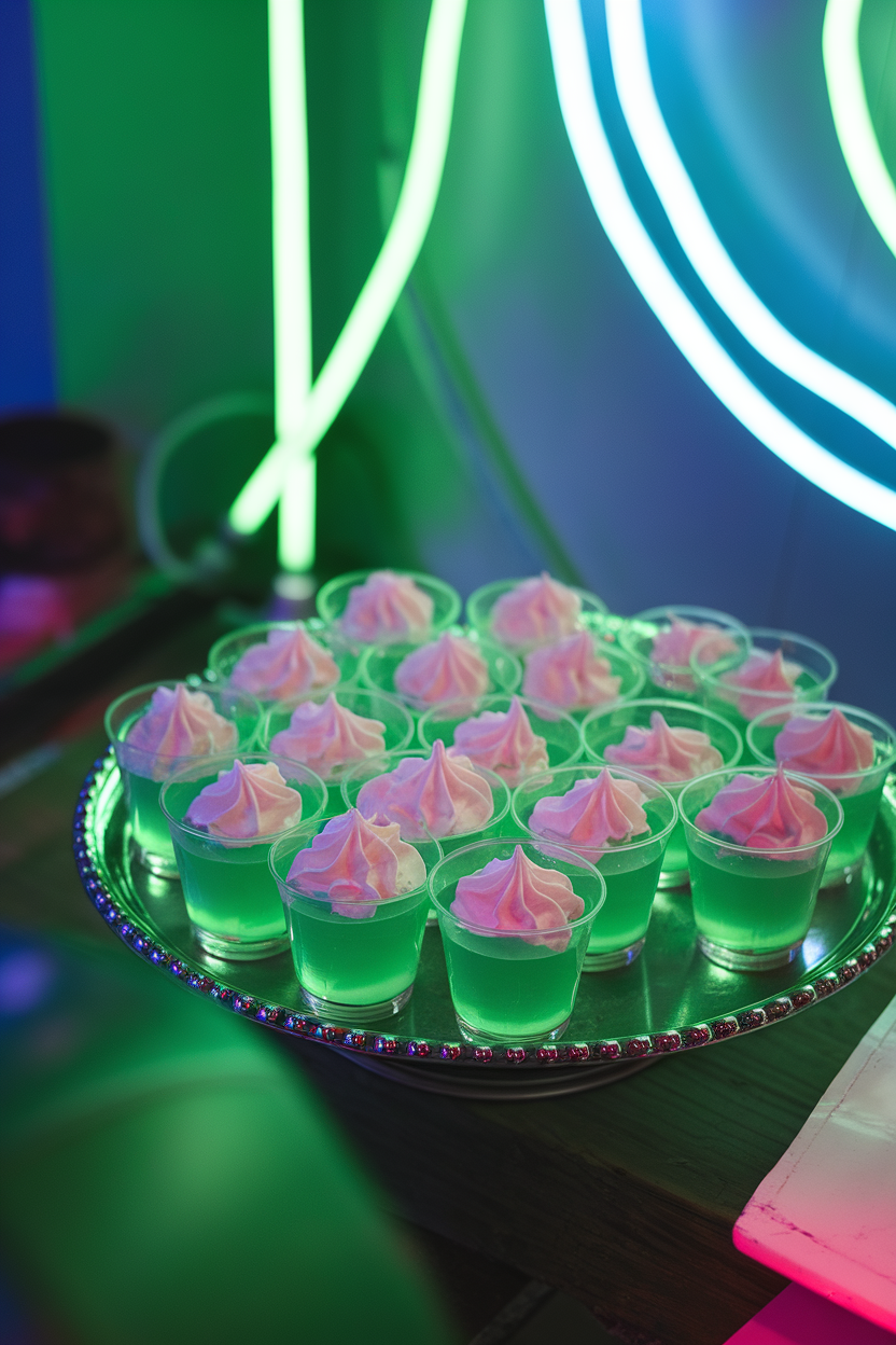Indoor party tray lined with small clear cups of neon green gelatin shots, each topped with a dollop of whipped cream “slime.” No text or logos present. Photo, not illustration.