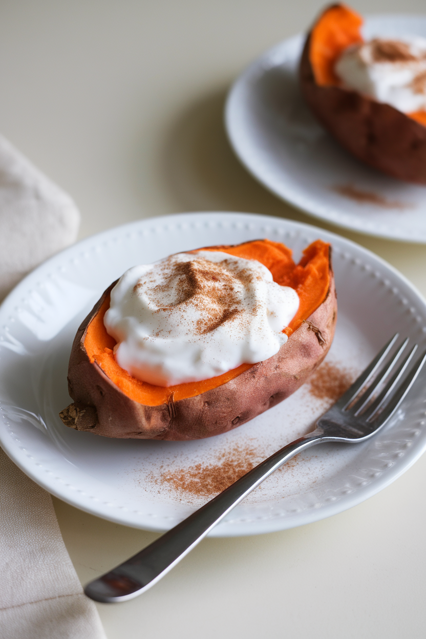Indoor plate holding half a microwaved sweet potato topped with Greek yogurt and cinnamon, fork resting nearby. No text or logos.