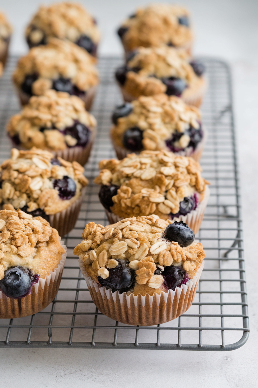 Indoor photo of golden whole-wheat blueberry muffins topped with oat streusel on a cooling rack; no text or logos shown.