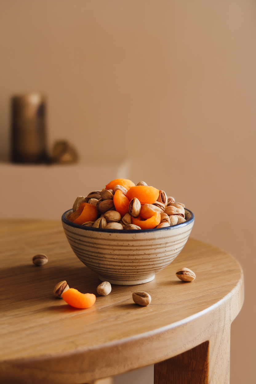 An indoor snack bowl holding roasted pistachios mixed with vibrant dried apricot halves, placed on a wooden coffee table. No text or logos. Photo, not illustration.