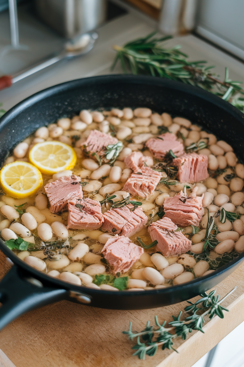 A skillet indoors showing cannellini beans and tuna chunks simmered in a lemony broth with herbs. No logos or text.
