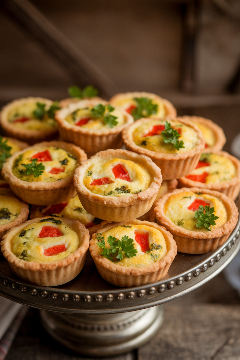 Photo of several mini quiches dotted with red pepper pieces and parsley, arranged on an indoor serving platter. No text or logos anywhere.