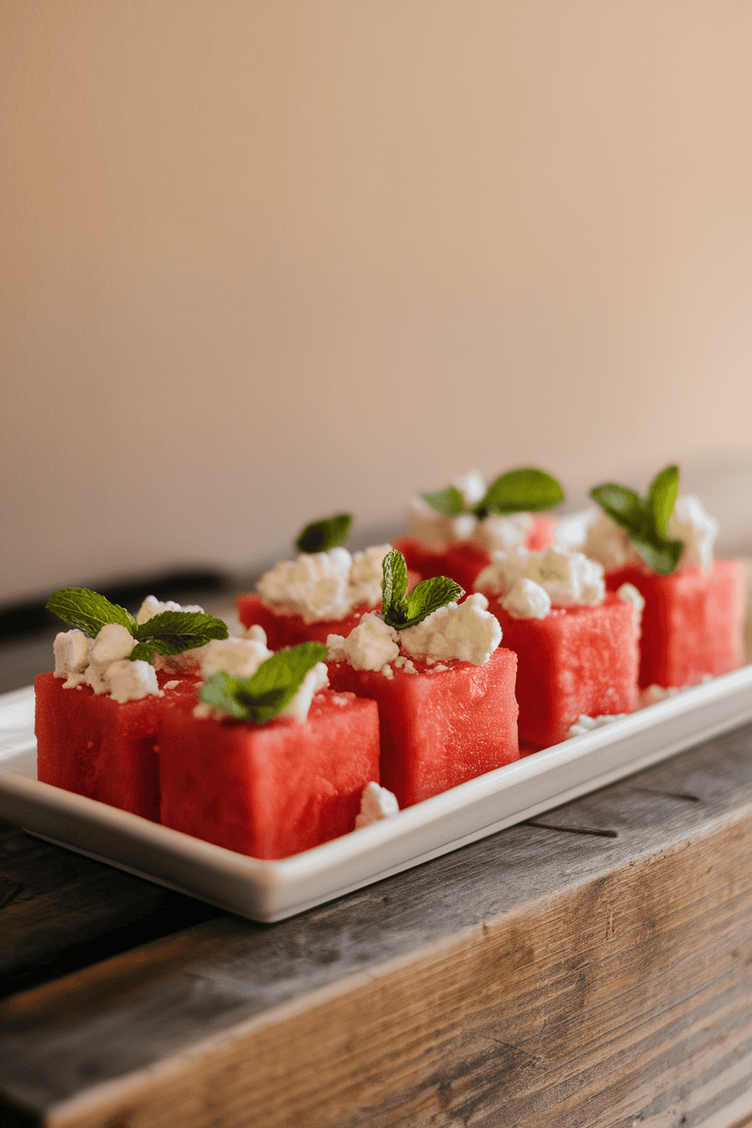 Photo of small cubes of watermelon topped with feta crumbles and mint leaves on a white rectangular plate indoors. No text or logos included.