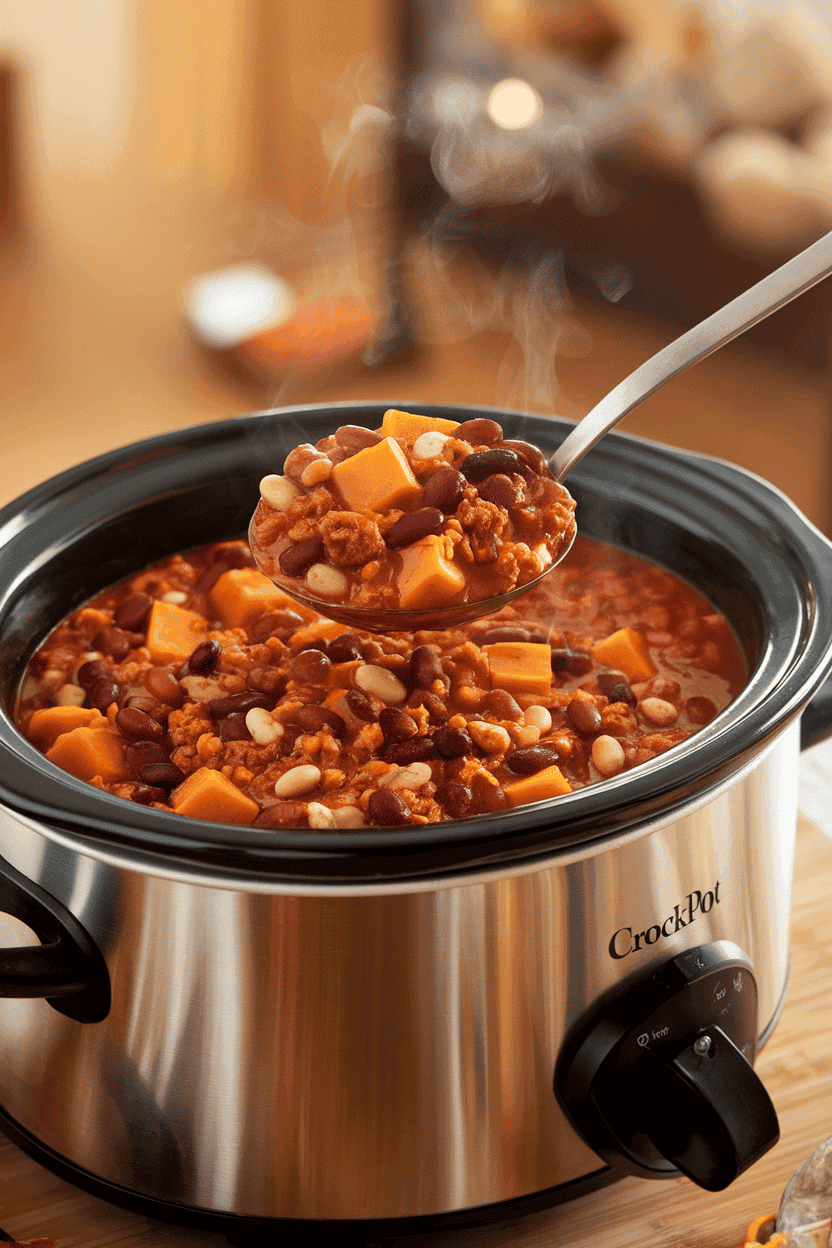 Indoor crock pot scene featuring a ladle lifting steaming chili packed with beans, pumpkin cubes, and ground turkey, orange enamel pot. No text or logos; photo.