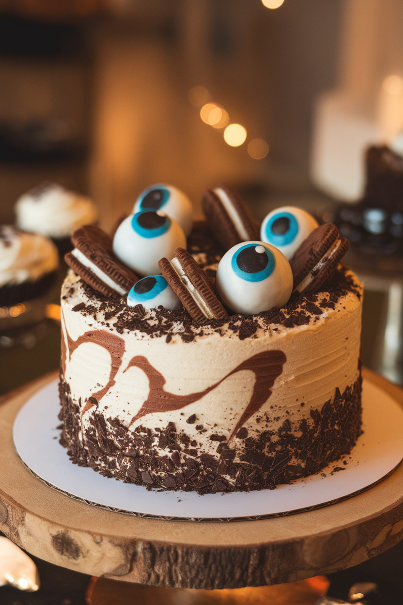 Indoor photo of a cookies-and-cream cake topped with crushed chocolate sandwich cookies and oversized candy eyeballs, warmly lit. No text or logos.