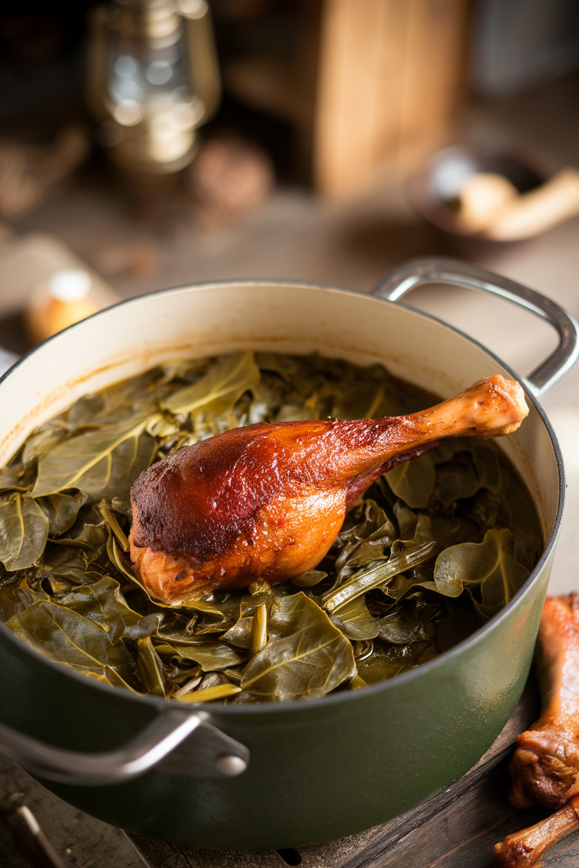 Pot of cooked collard greens with pieces of smoked turkey leg visible, photographed indoors. No text or logos. Photo.