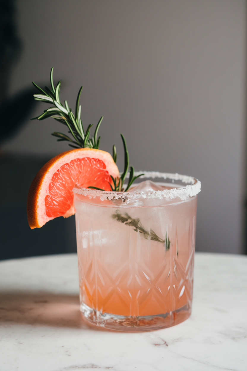 Photo of a salt-rimmed rocks glass indoors, containing a pale pink rosemary Paloma with an expressed grapefruit twist and fresh rosemary sprig. No text or logos visible.