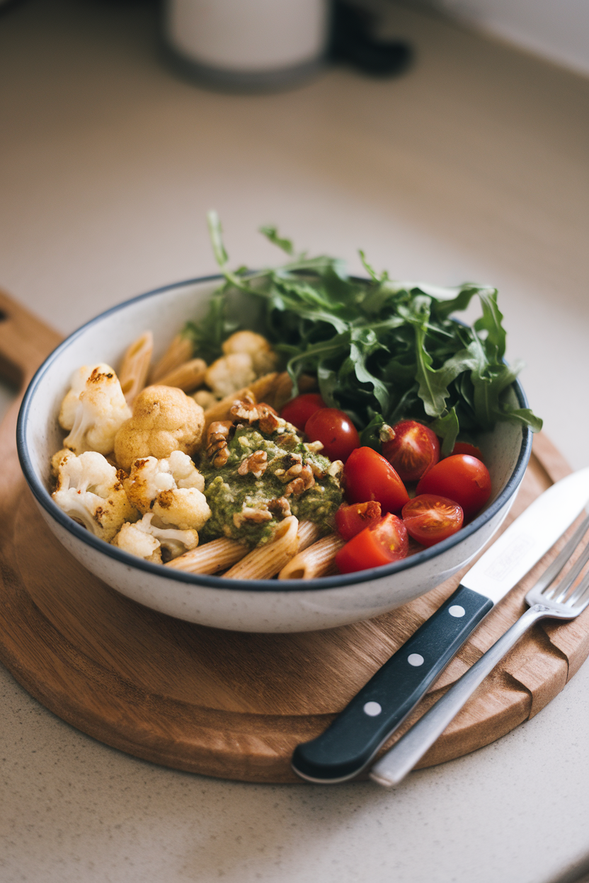 Indoor countertop image of a bowl containing whole-wheat penne, roasted cauliflower florets, walnut pesto, cherry tomatoes, and arugula. No text or logos visible.