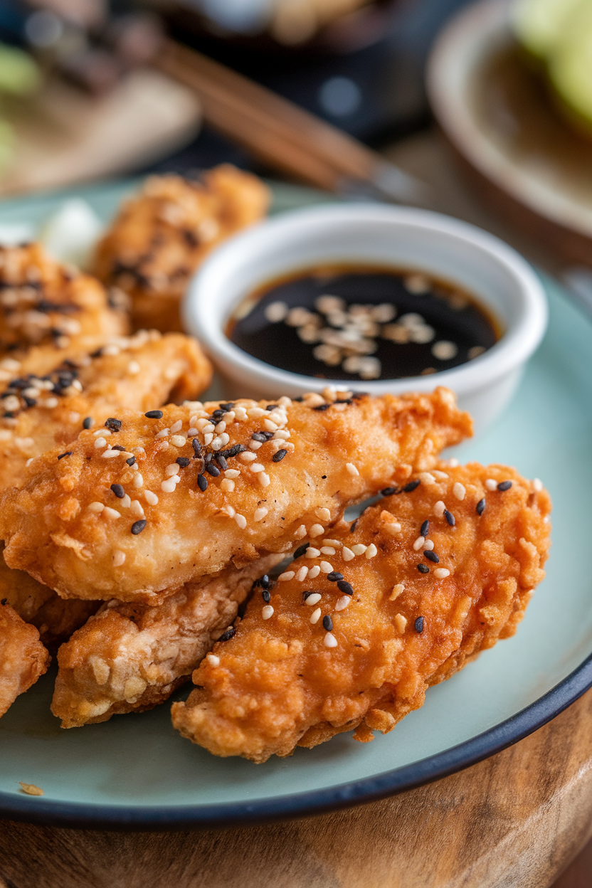 Indoor tabletop close-up of fried chicken breast strips sprinkled with toasted sesame seeds, small bowl of soy-ginger dip alongside, photo only, no text or logos