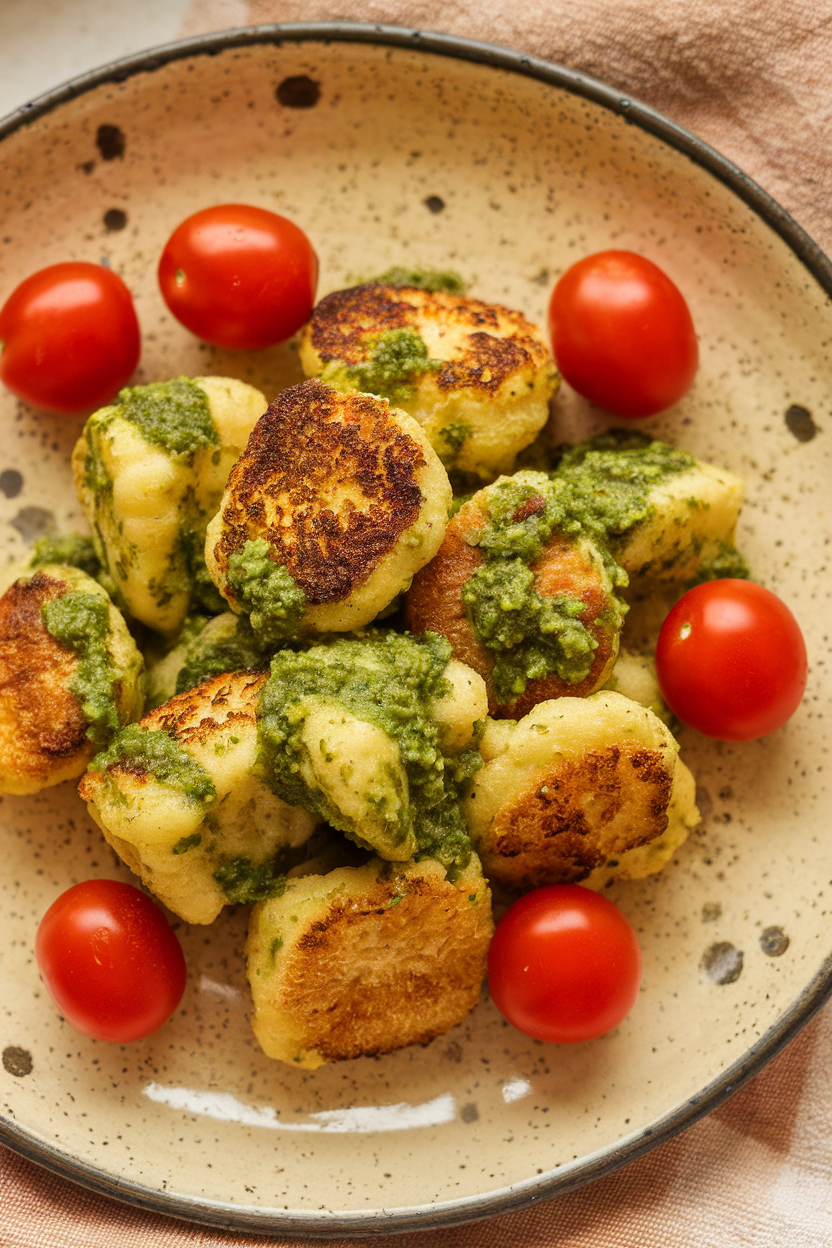 An indoor plate of browned cauliflower gnocchi coated in vibrant pesto, cherry tomatoes scattered around. Photo only, no text or logos.