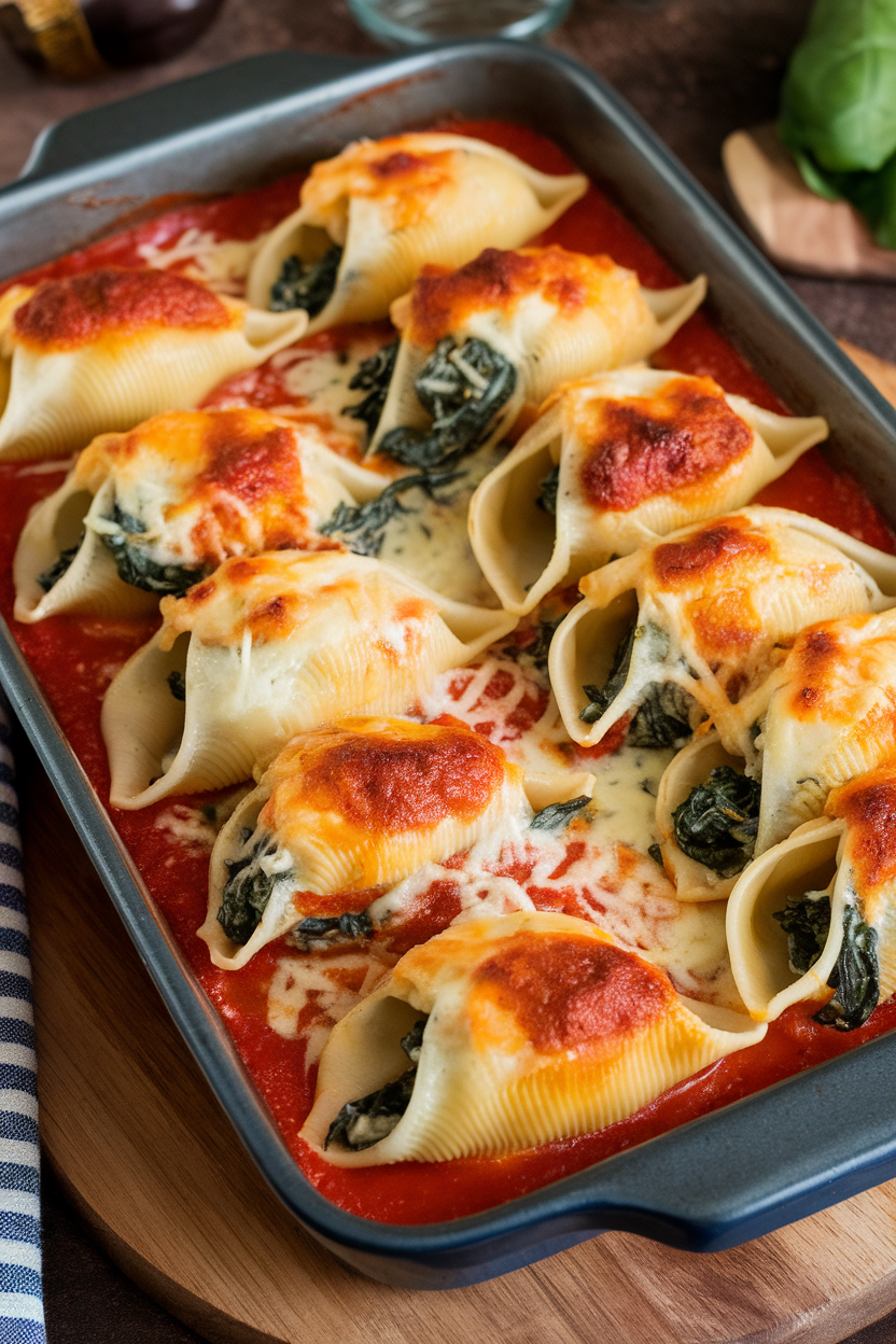 An indoor baking dish filled with jumbo pasta shells stuffed with spinach ricotta mixture, marinara sauce underneath, cheese browned on top. No text or logos; photo only.