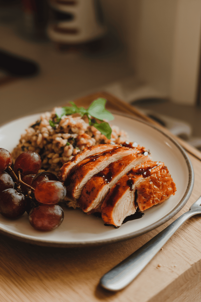Warm indoor photo showing balsamic-glazed chicken strips, roasted red grapes, and a small farro salad with herbs; no text or logos.