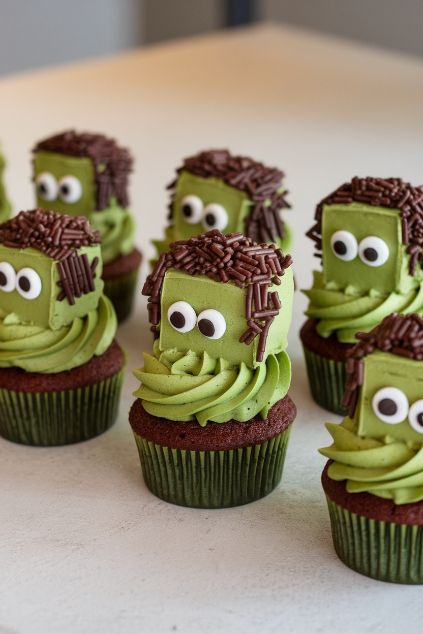 Indoor counter with green matcha cupcakes topped by blocky matcha frosting heads, chocolate sprinkle “hair,” and candy eyes, no text or logos.