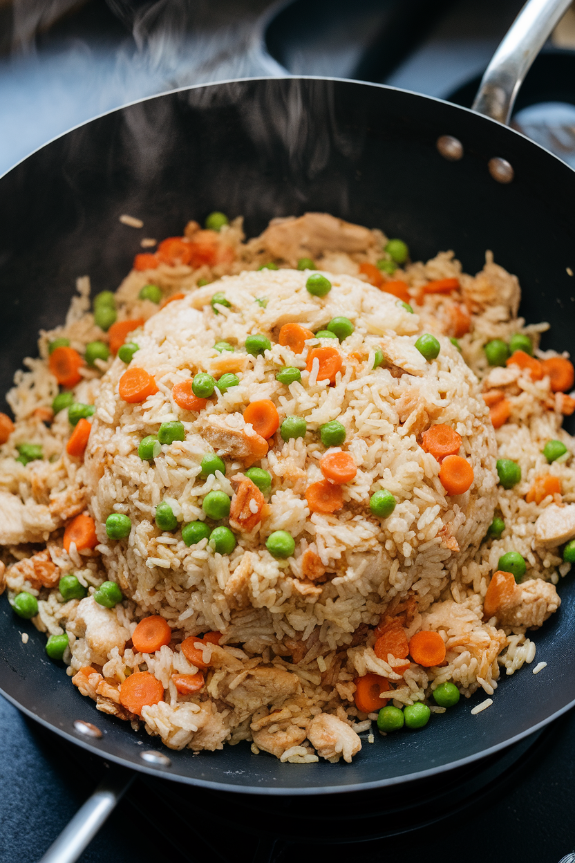 Indoor wok filled with chicken fried rice, peas and carrots dotted throughout, steam visible. No text or logos. Photo.