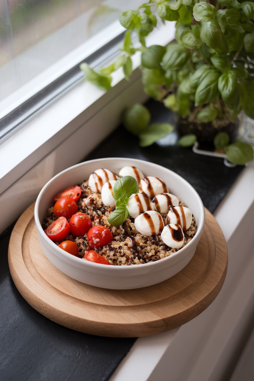 Photo on an indoor window ledge of a bowl holding tricolor quinoa, cherry tomato halves, fresh mozzarella pearls, basil ribbons, and a drizzle of balsamic reduction. No logos or text present.