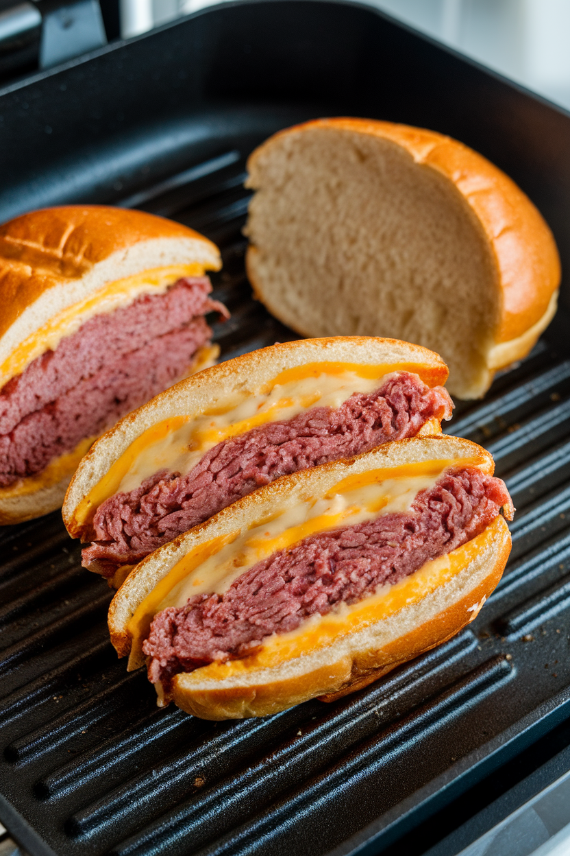 Indoor grill pan scene featuring a sliced open burger revealing melted pimento cheese center, bun lightly toasted, no text or logos. Photo.