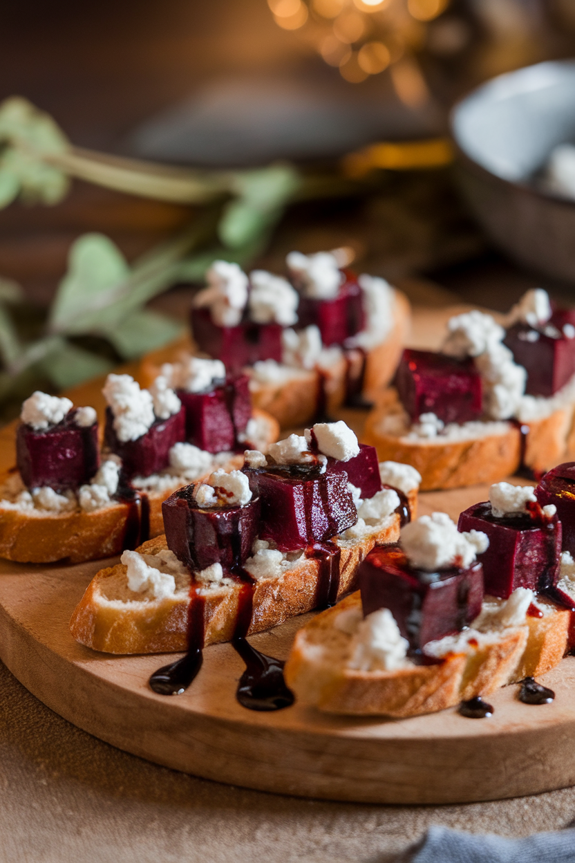 An indoor wooden board displaying baguette crostini topped with magenta beet cubes and snowy goat cheese crumbles, drizzled with balsamic. No text or logos. Photo, not illustration.