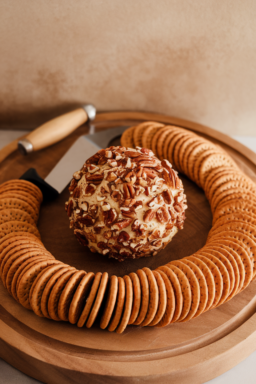 Indoor wooden board with a round cheese ball coated in chopped pecans, a small cheese knife beside, and a ring of wheat crackers around the edge. No text or logos. Photo only.