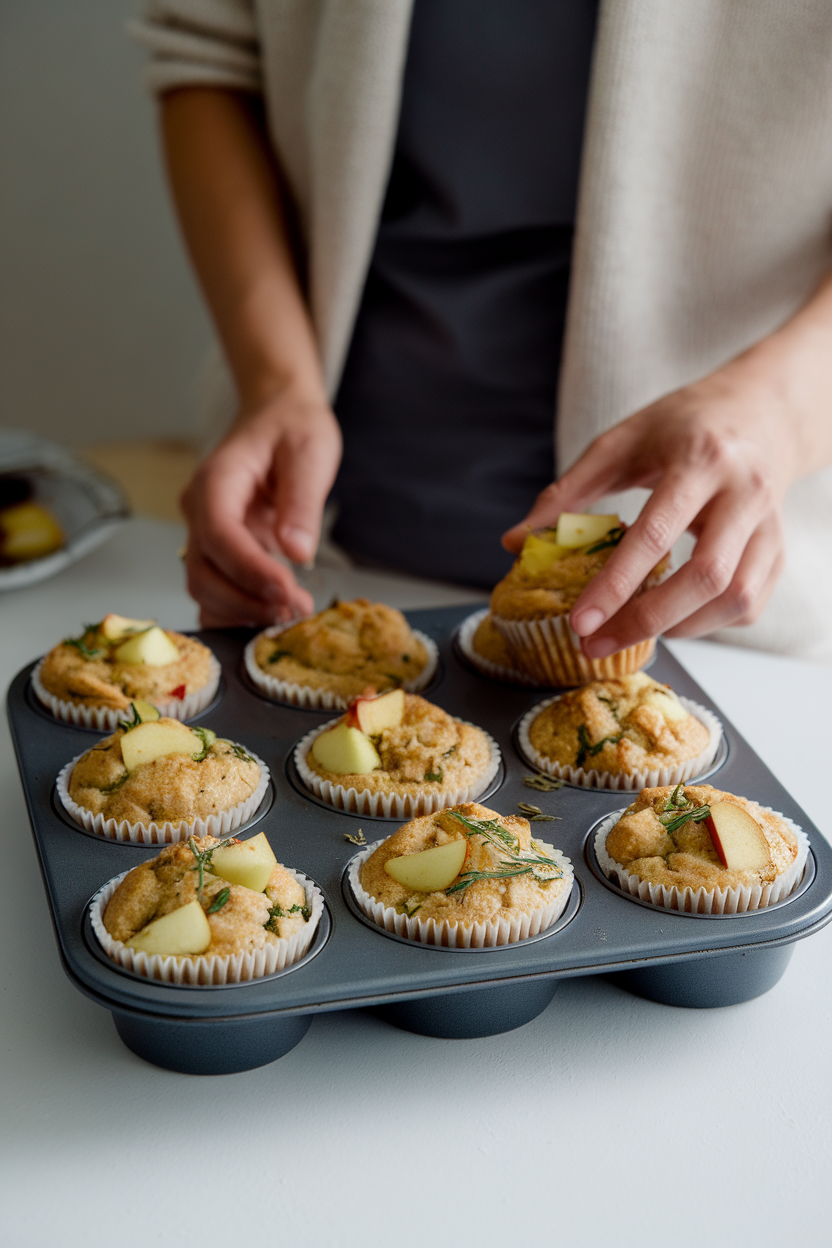Individual stuffing muffins in a muffin tin indoors, visible apple chunks and herbs on top; no text or logos. Photo only.