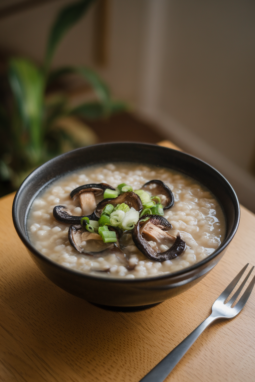 A deep bowl on an indoor table holding creamy rice congee with miso-glazed mushrooms and scallions. Photo only, no text or logos.