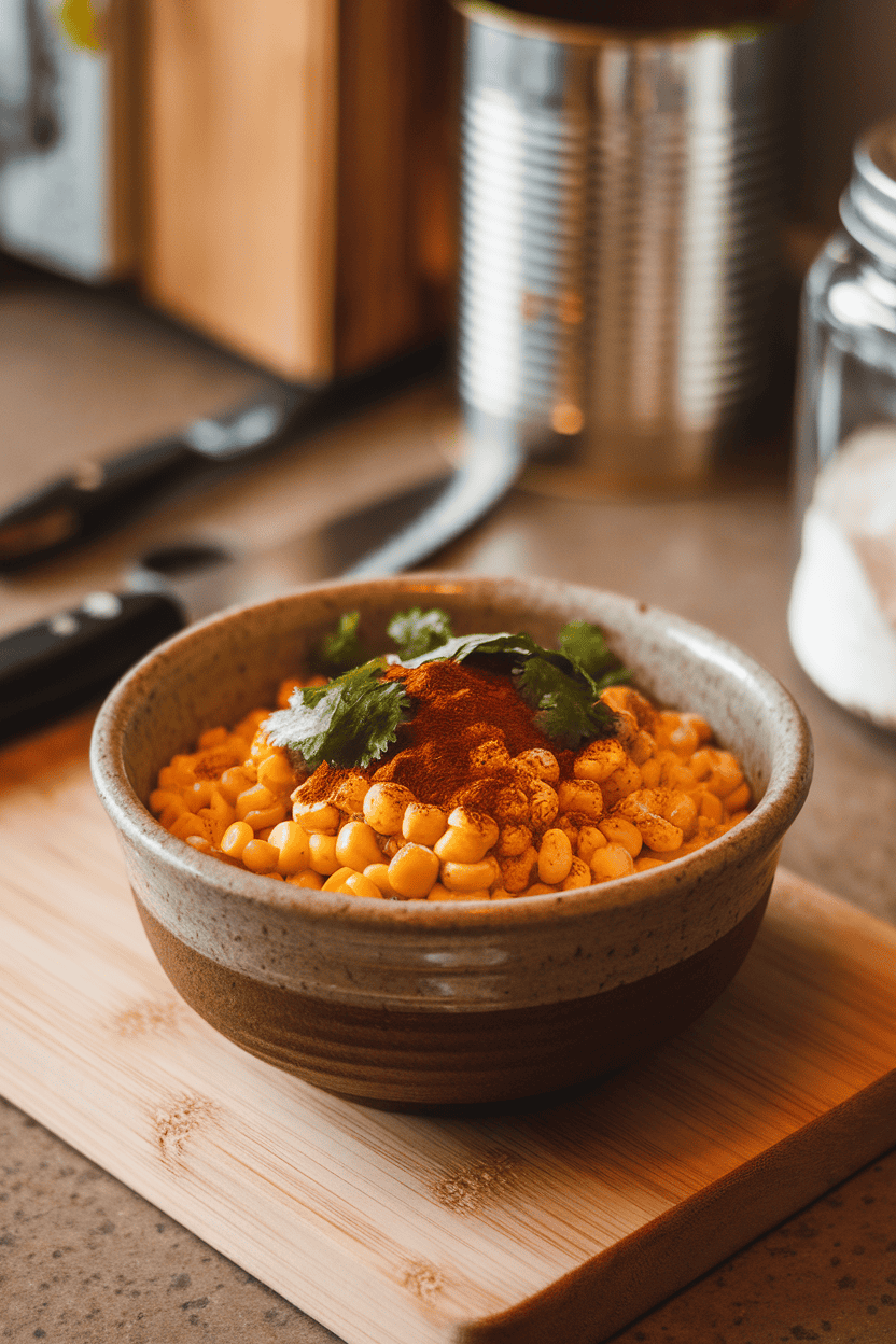 A ceramic bowl on an indoor countertop containing roasted corn kernels mixed with red bell pepper, cilantro, and a dusting of chili powder. No text or logos; photo.