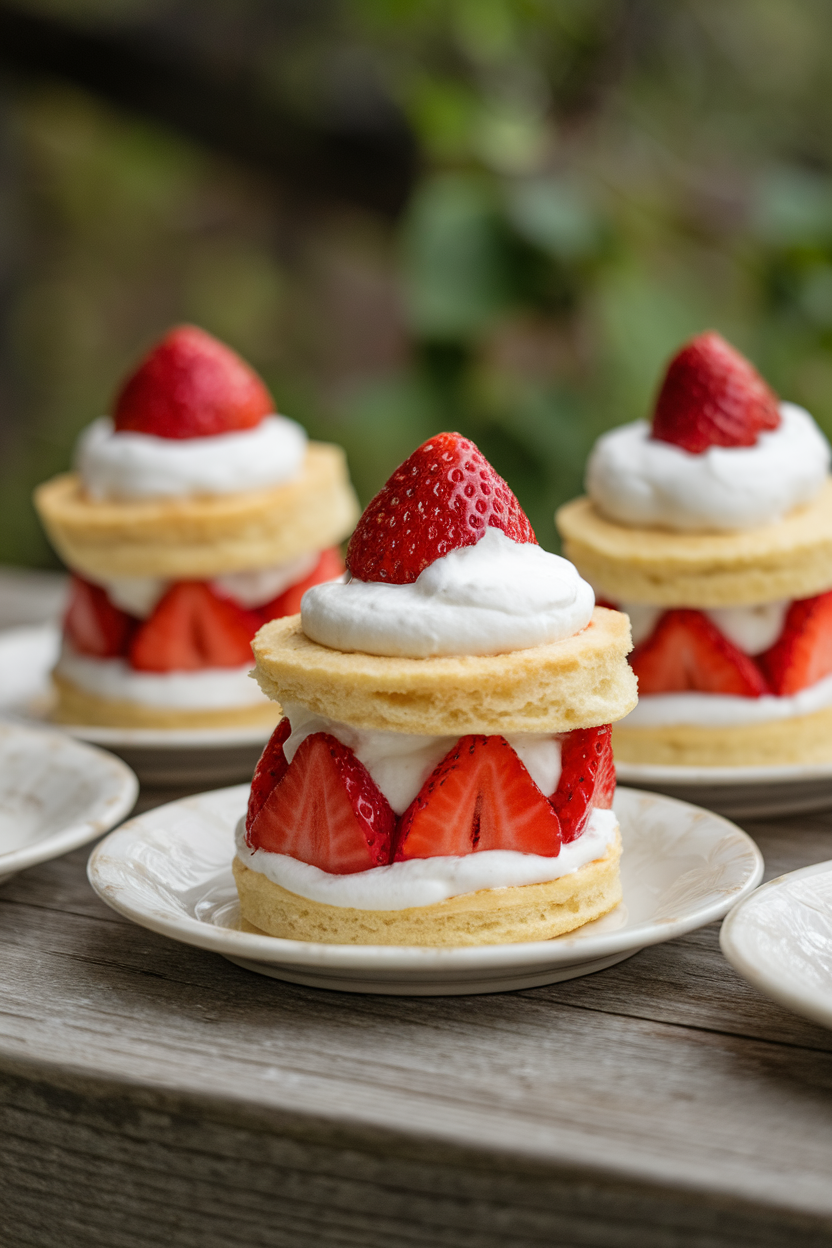 Individual strawberry shortcake stacks indoors on small plates, featuring buttery biscuits, whipped cream dollops, and glossy red strawberry slices. No text or logos, photo only.