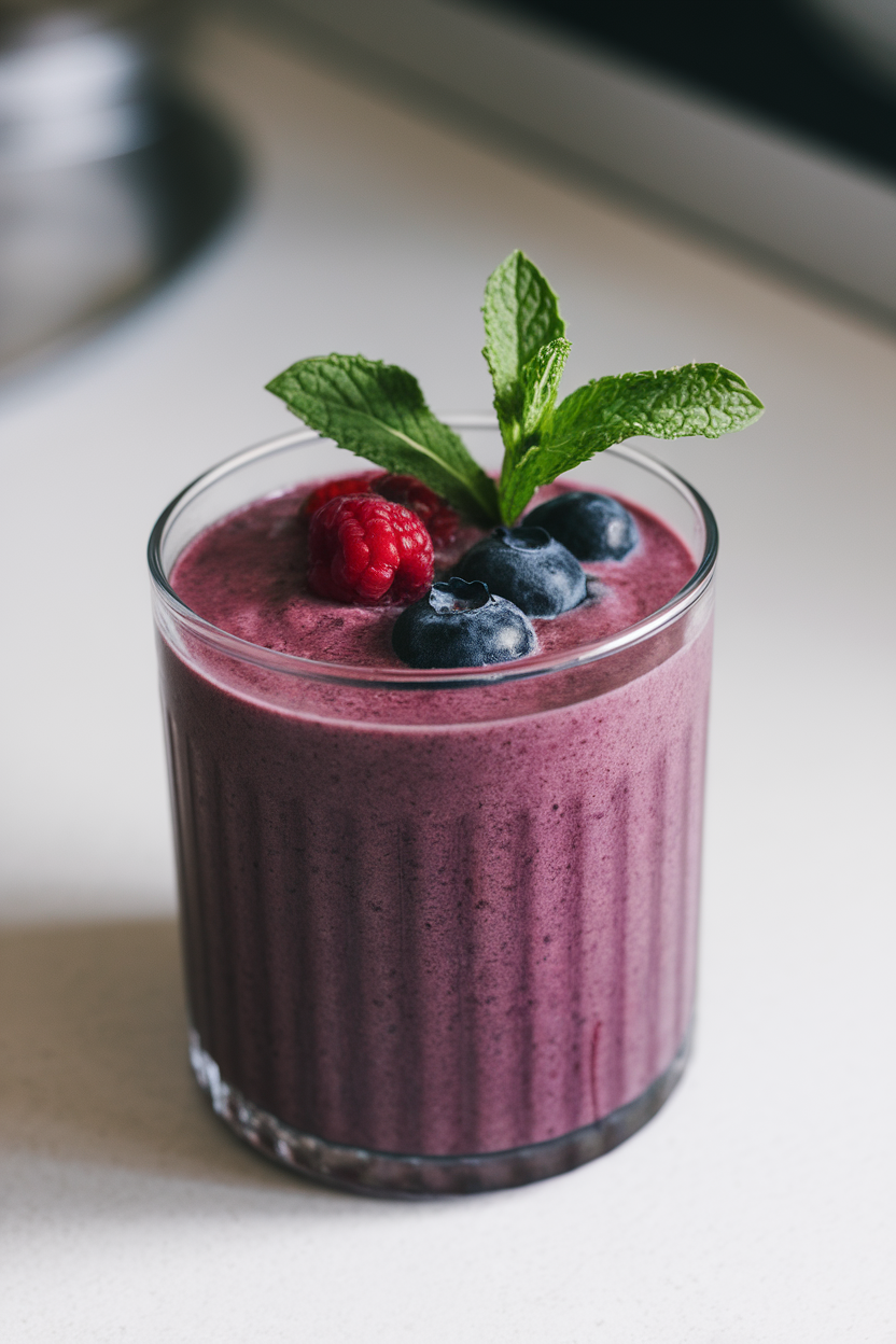 Indoor glass of deep purple smoothie garnished with a sprig of fresh mint, placed on a white counter. No text or logos.