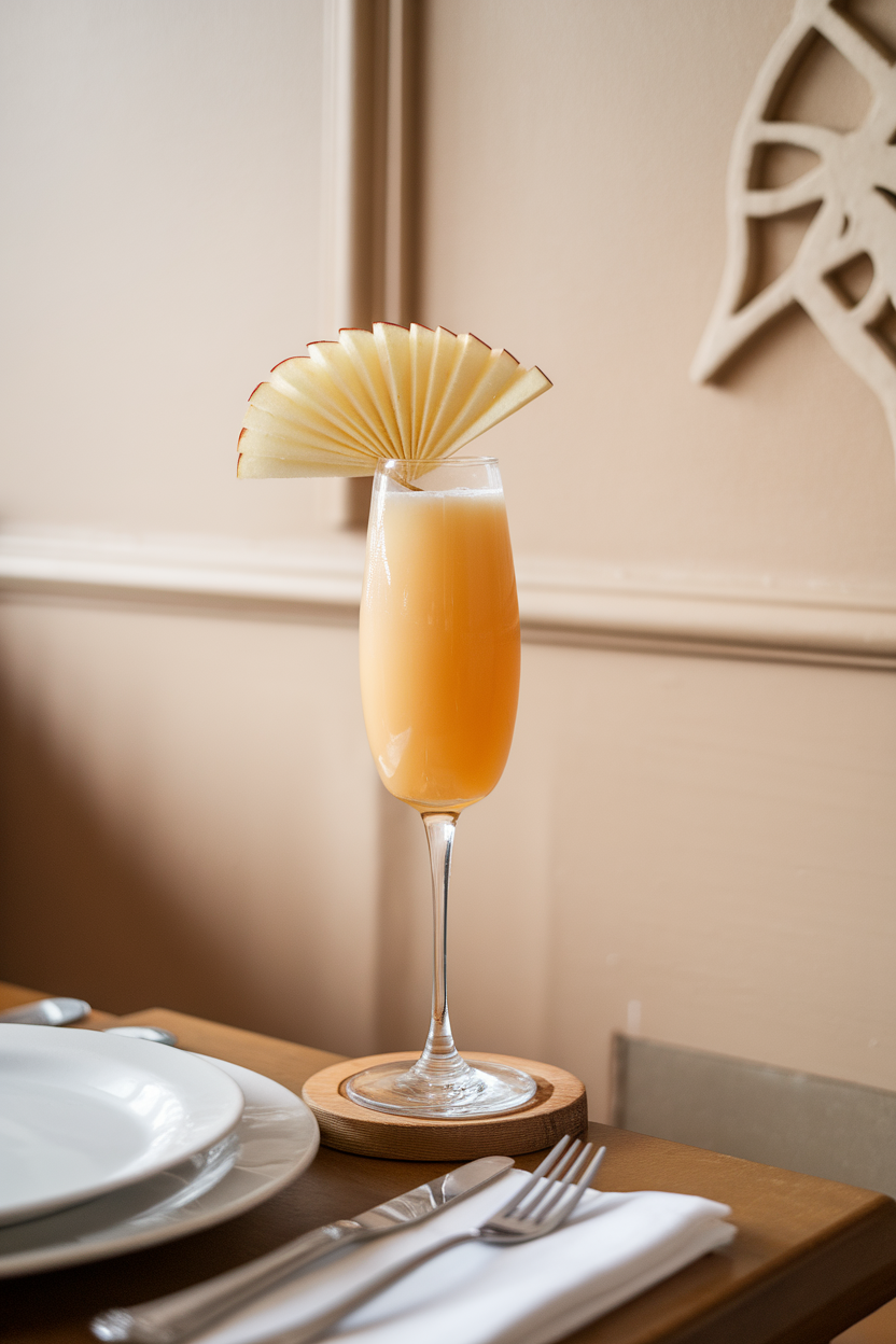 Photo of a flute glass on an indoor brunch table, filled with apple cider mimosa garnished with a thin apple fan. No text or logos present.