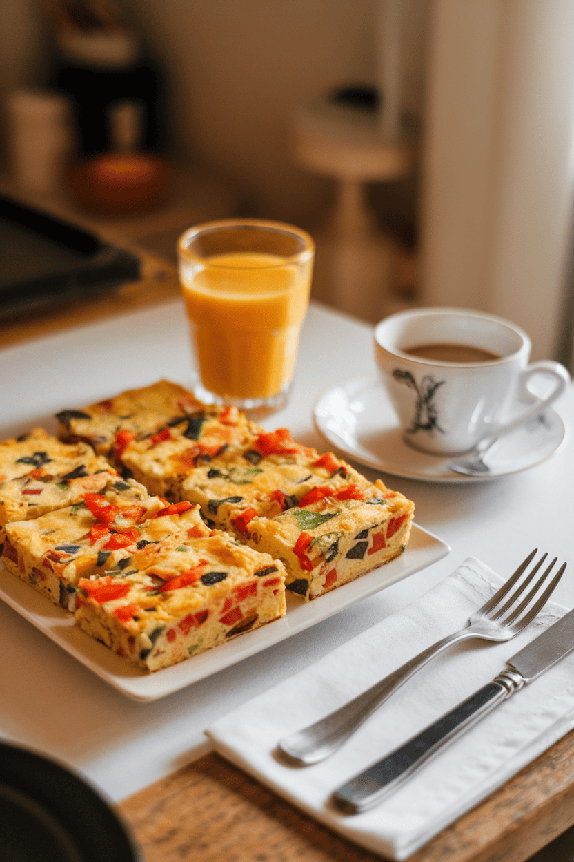 A warmly lit indoor breakfast table with rectangular slices of colorful frittata stacked neatly on a plate—no text or logos. Photo only.