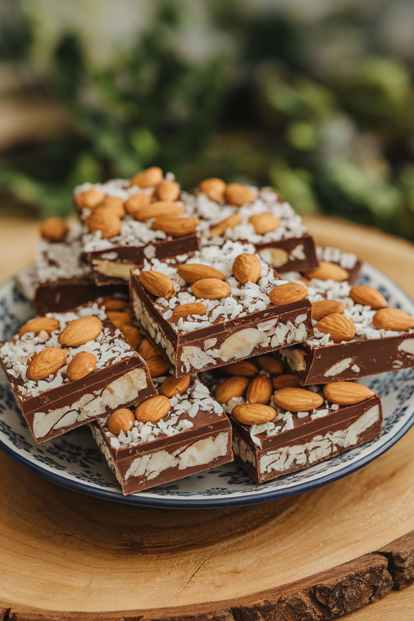 Photo of indoor dish featuring coconut-filled chocolate bars topped with whole almonds, cut to show texture, no logos