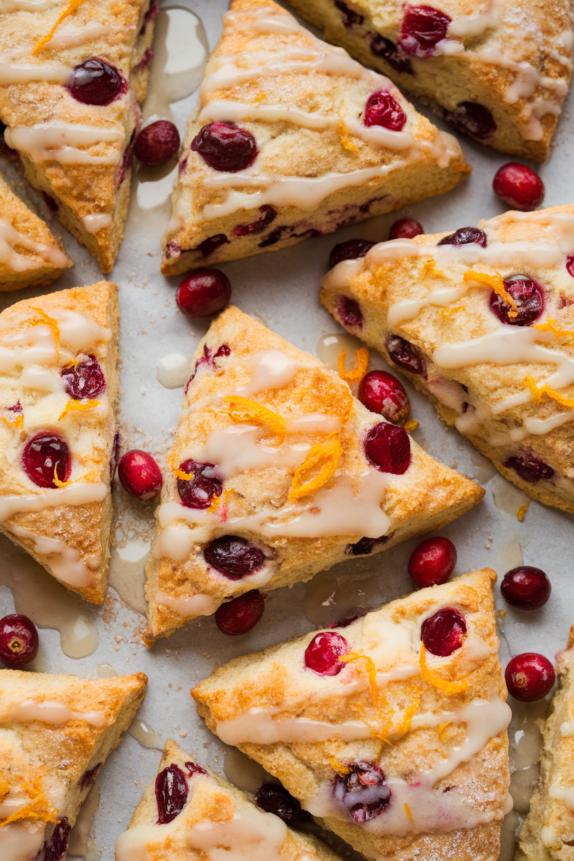 An indoor bakery sheet with triangular cranberry-orange scones, glaze drizzled lightly over each. Photo only, no text or logos.