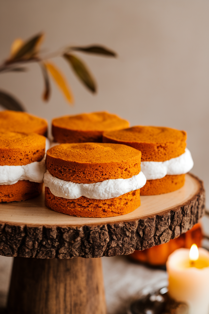 Photo of pumpkin cake rounds sandwiched with fluffy marshmallow filling, indoor platter, no logos or text.