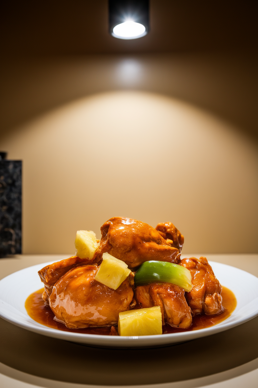 Indoor photo of sweet and sour garlic chicken pieces with pineapple chunks and bell pepper in glossy sauce; bright kitchen light, no text or logos