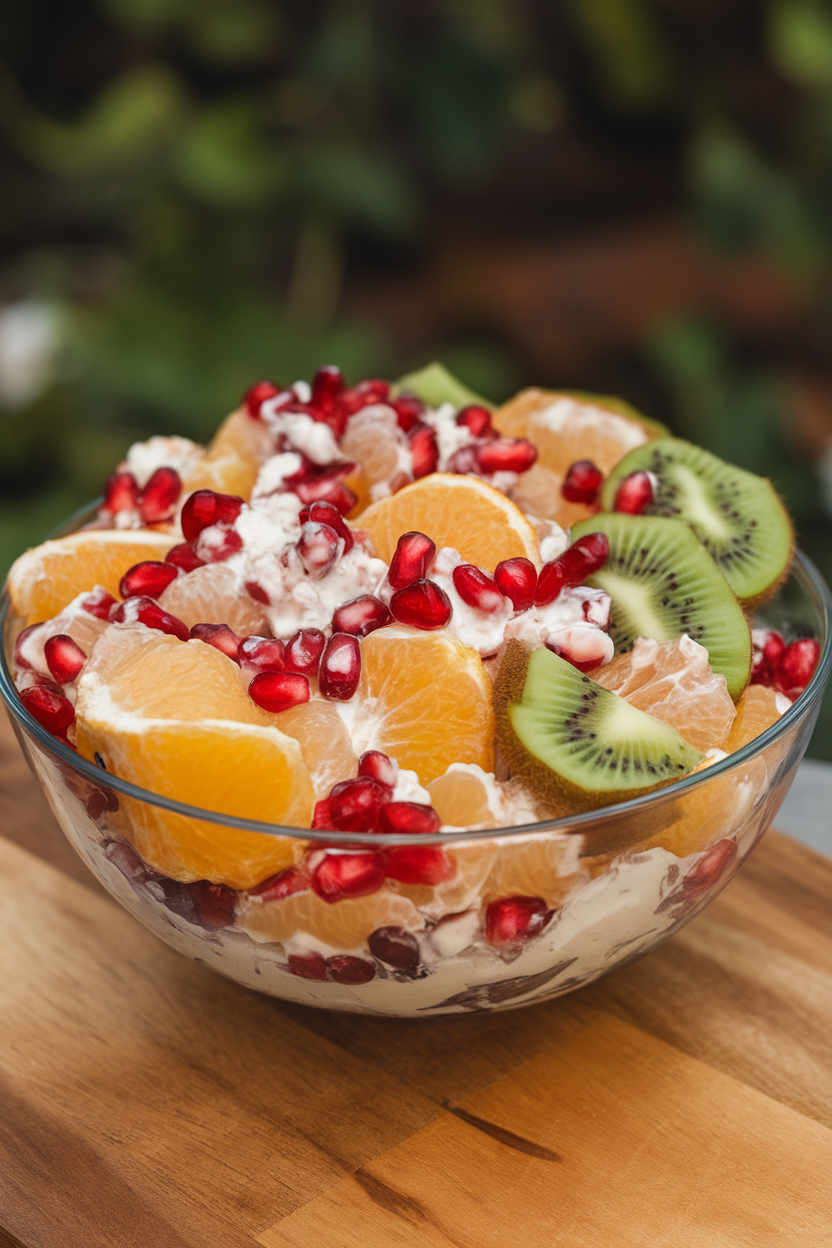 An indoor serving bowl piled high with mixed winter fruit—pomegranate arils, citrus segments, and kiwi—folded in a fluffy coconut cream dressing. No text or logos.