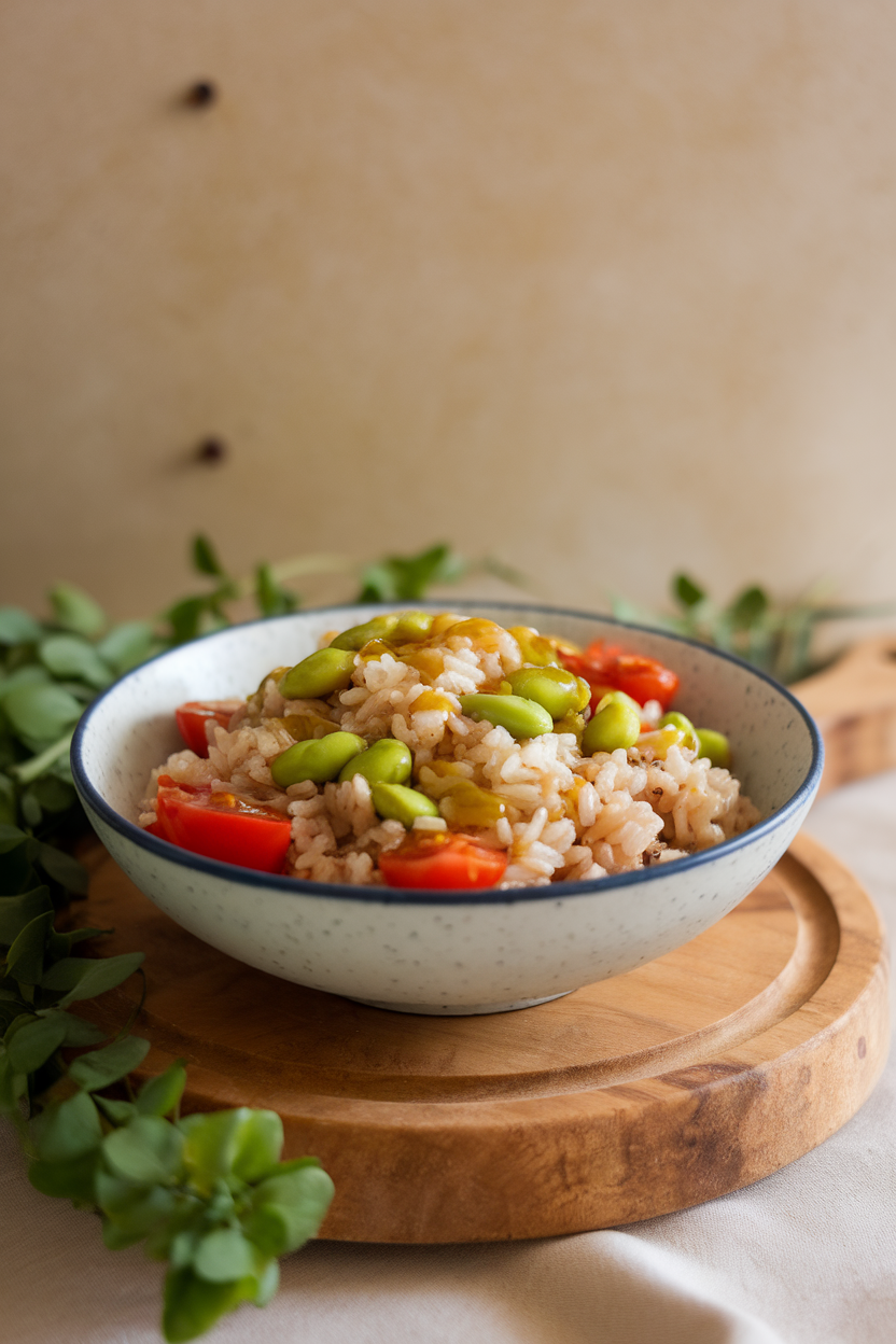 Photo of a bowl of brown rice mixed with edamame, cherry tomatoes, and olive oil vinaigrette, indoor scene. No text or logos anywhere.