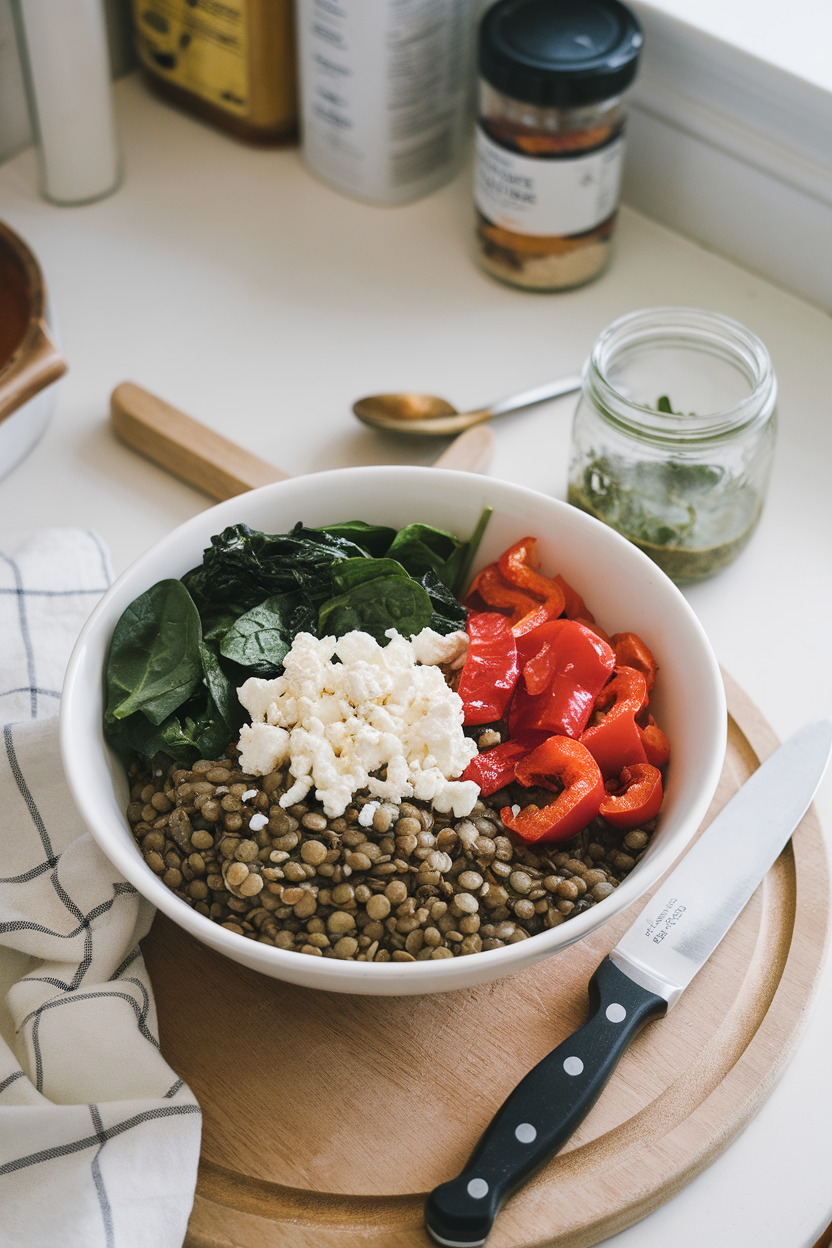 Photo of an indoor kitchen counter with a bowl of tender green lentils, sautéed spinach, roasted red peppers, crumbled goat cheese, and herb vinaigrette. No text or logos visible.
