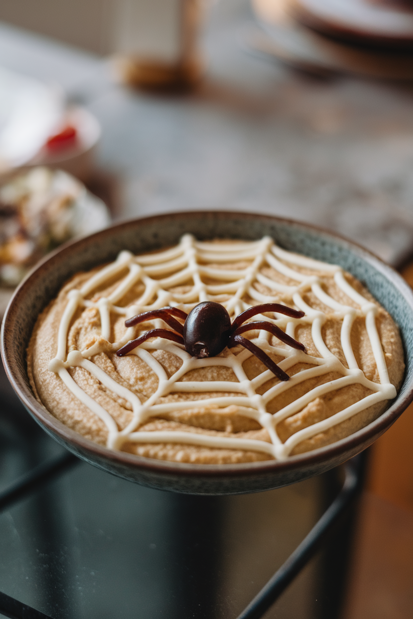 Photo of a shallow bowl of hummus with a sour-cream spiderweb piped on top, olive spider in center, indoor table setting. No text or logos.