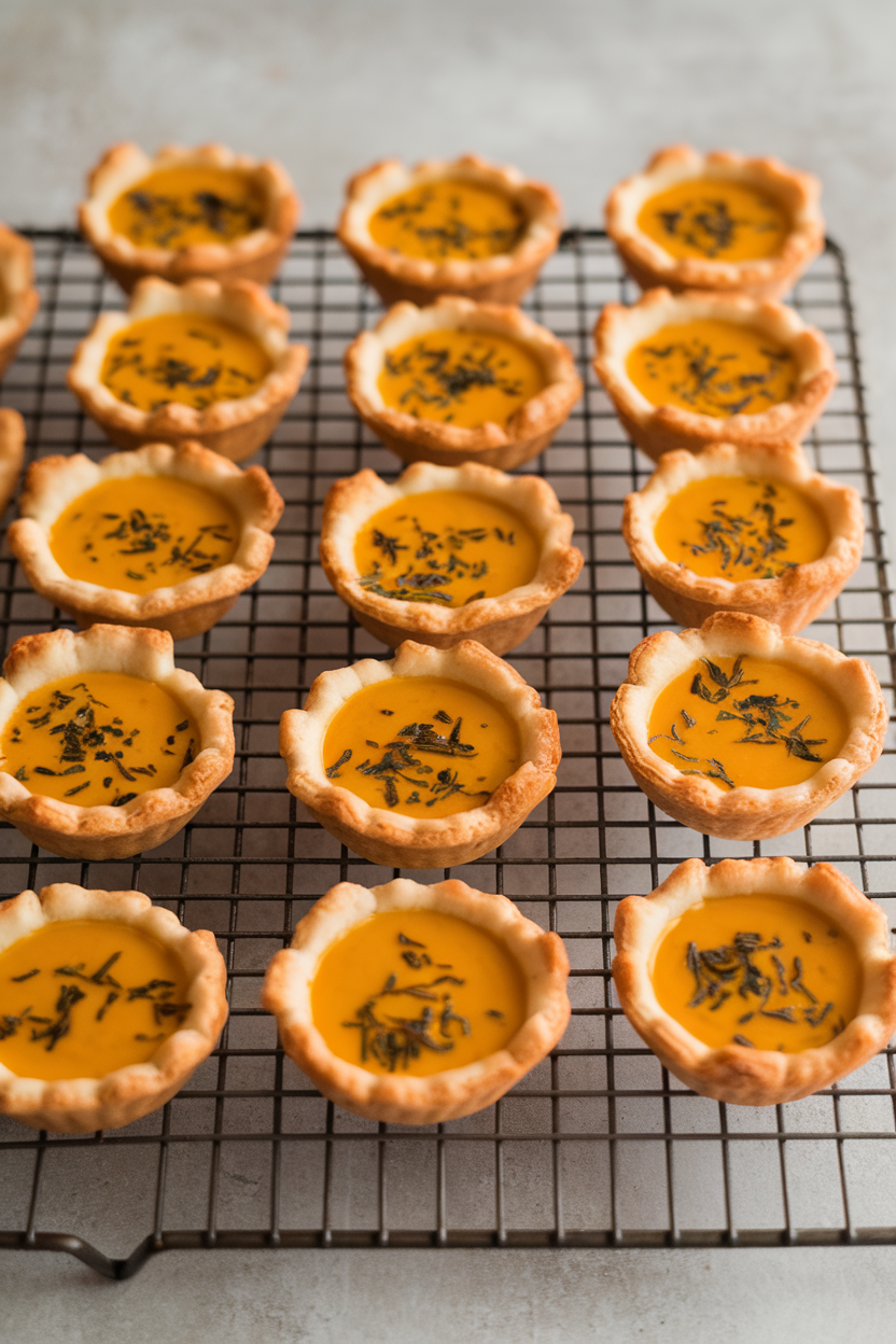 An indoor cooling rack with bite-size pastry cups filled with pumpkin custard flecked with green herbs, lightly browned. No text or logos. Photo, not illustration.