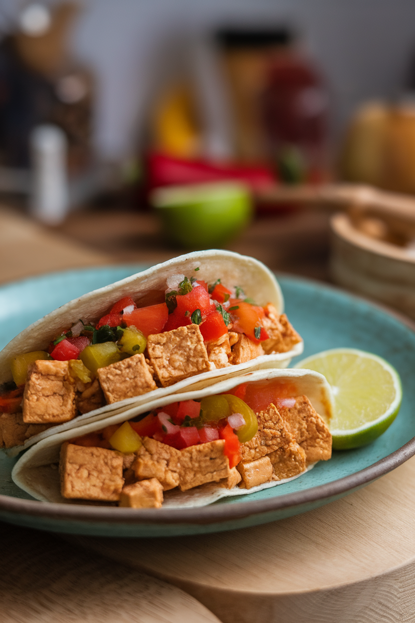A pair of soft corn tortillas on an indoor plate, filled with crumbled tofu, peppers, and salsa, lime wedge alongside. Photo only, no text or logos.
