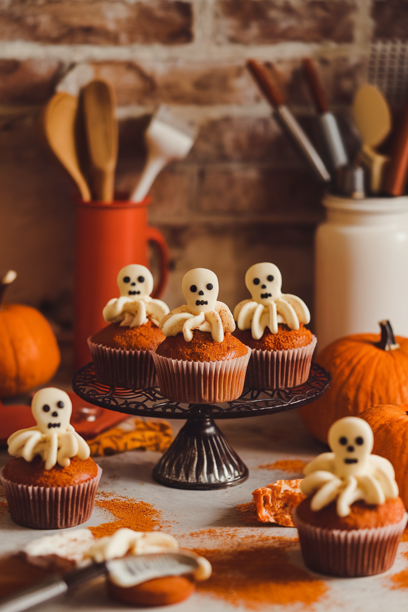 Warm indoor kitchen photo of pumpkin cupcakes rolled in cinnamon sugar and topped with piped white chocolate skeletons, no text or logos.